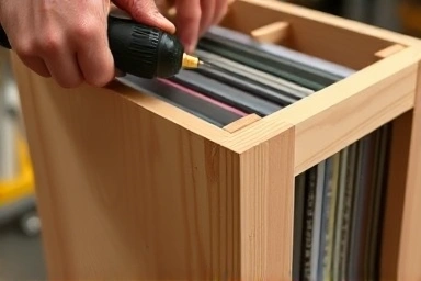 Hands assembling a wooden LP record storage unit with tools.