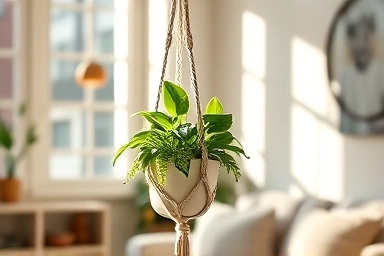 Handcrafted macrame plant hanger with a plant in a cozy living room.