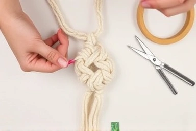 Hands tying macrame knots with cotton cord for a plant hanger.
