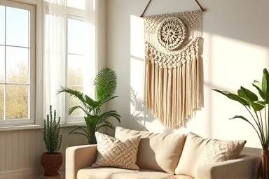 Handmade macrame wall hanging adds warmth to a cozy room.