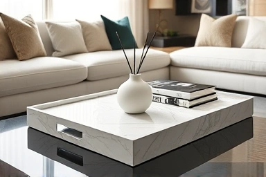Elegant marble tray styled on a coffee table in a modern living room.