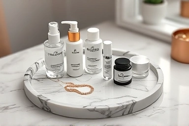 Marble vanity tray displaying luxury skincare and jewelry, creating a chic look.