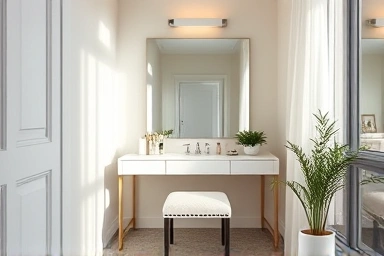 Serene master bedroom powder room with vanity and mirror.