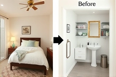 Small master bedroom space transformed into a compact powder room.