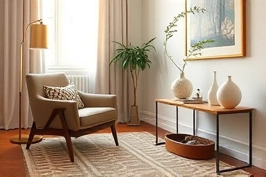 Mid-century modern living room corner with vintage accessories