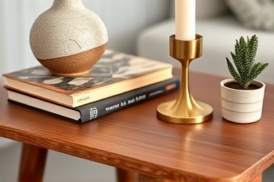 Close-up of mid-century modern decor on a wooden side table