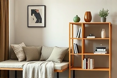 Close-up of modular sofa and shelving unit in a small space.