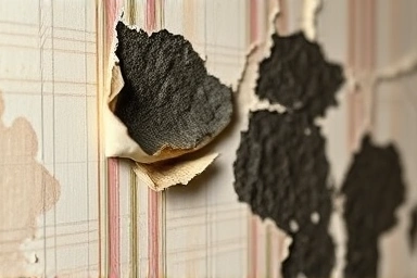 Mold growing on peeling wallpaper, symbolizing home damage
