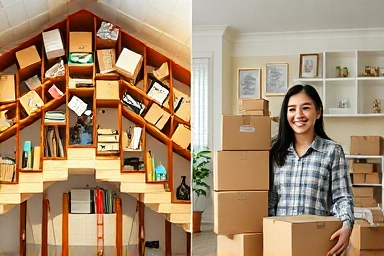 Moving day chaos vs. organized new home.