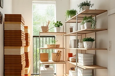 Organized narrow balcony storage with natural light.