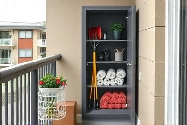 Slim storage cabinet in a tight balcony corner.