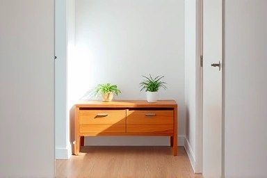 Modern entryway bench with hidden storage, spacious and organized.
