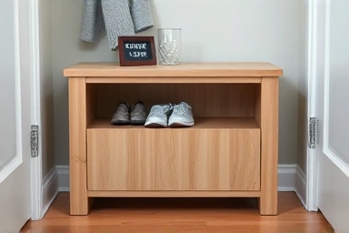 Slim entryway storage bench, vertical panel design, space-saving.