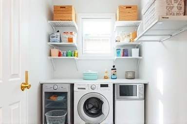 Tidy, efficient small laundry room with smart shelving solutions.