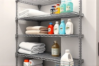 Modular metal shelf maximizing storage in a tight laundry room corner.