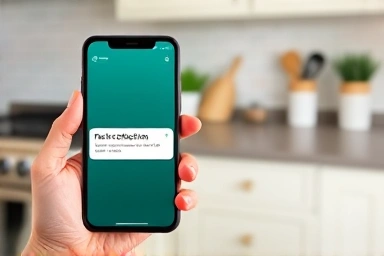 Notification on phone about trash day, organized kitchen