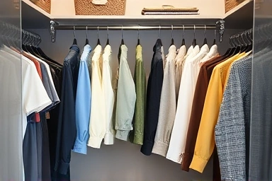 Organized closet with non-slip hangers, clean and spacious.