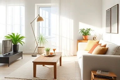 Cozy Nordic living room with minimalist furniture and natural light.
