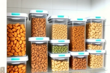 Airtight containers filled with fresh nuts in a pantry.