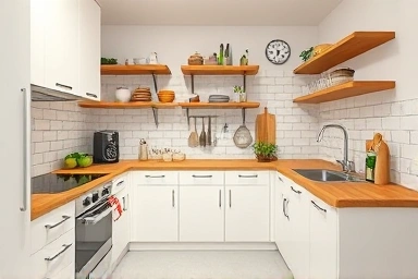 Organized kitchen with white cabinets and wood countertops, showcasing storage.