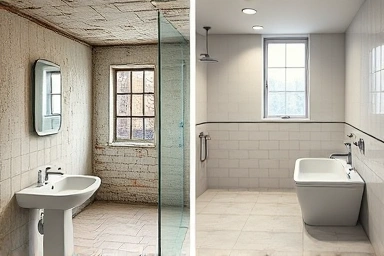 Before and after of an old apartment bathroom renovation.