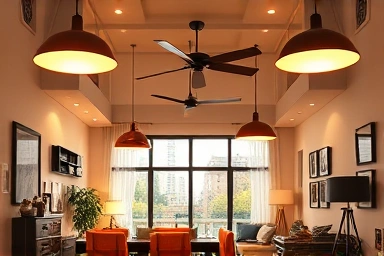 Modern living room with warm LED lighting, interior design