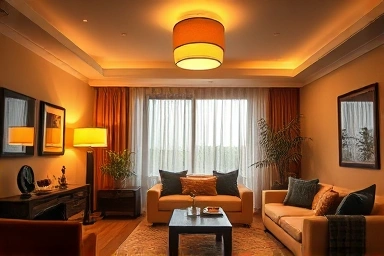 Cozy living room with ambient lighting from stylish lamps.