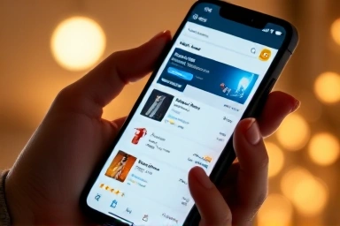 Smartphone displaying online lighting store with customer reviews.