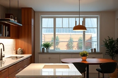 Bright kitchen task lighting and warm dining table pendant light.