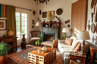 Cozy living room with unique, globally sourced decorative items.