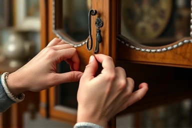 Close-up of hands examining vintage furniture craftsmanship.
