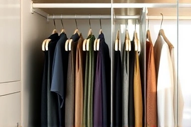 Organized closet with space-saving pants hangers.