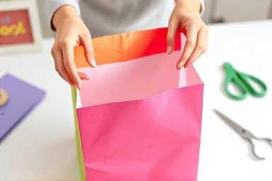 DIY hands transforming paper shopping bag into storage box.