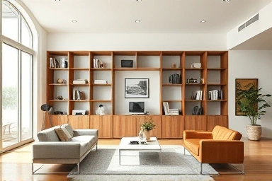 Modern living room with functional room-dividing bookshelf