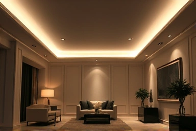 Luxurious living room with subtle, deep lighting.