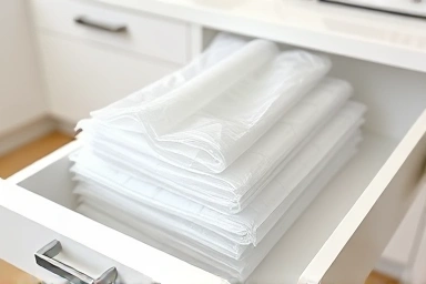 Neatly folded plastic bags in a kitchen drawer.