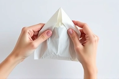 Hands folding a plastic bag into a triangle.