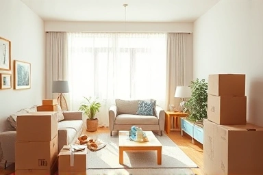 Organized living room after moving, calm and bright.