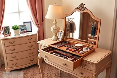 Elegant dressing table with a stylish jewelry box and accessories.