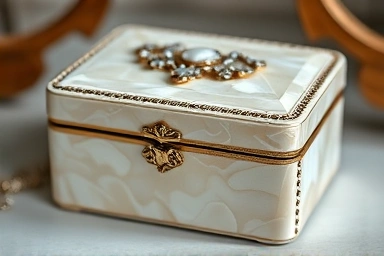 Close-up of a luxurious vintage mother-of-pearl jewelry box.