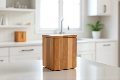 Modern kitchen with a stylish wooden trash can
