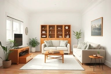 Serene, organized living room with natural light.