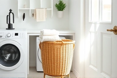 Stylish rattan laundry basket in a bright, organized laundry room.