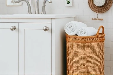 Woven rattan basket adding texture and elegance to a bathroom.