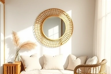 Cozy living room with a handcrafted rattan mirror.