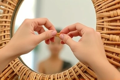 Hands weaving rattan for a DIY mirror project.