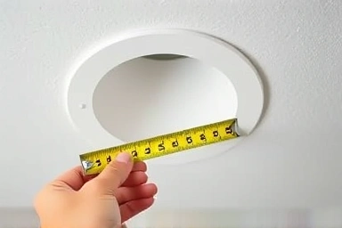 Measuring ceiling cutout for recessed light installation.