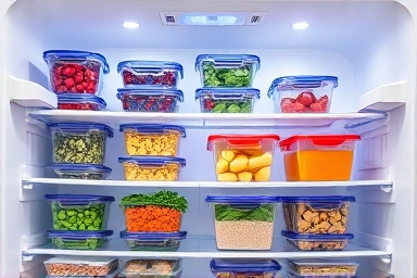 Organized refrigerator with transparent food containers and fresh ingredients.