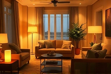 Cozy living room with warm ambient lighting