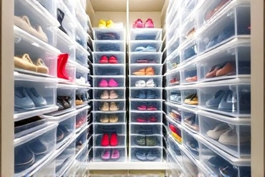 Organized closet with transparent shoe boxes and efficient storage.